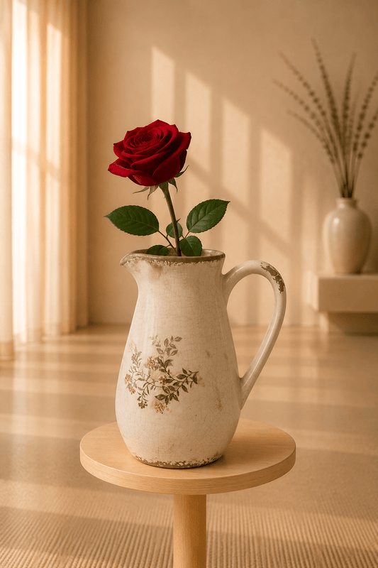 Keramische decoratiekan met geelkleurig bloemenmotief op een houten staander.