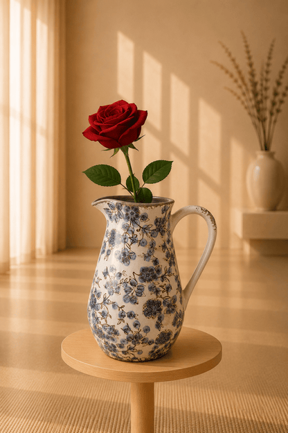 Keramische decoratiekan met blauwkleurig bloemenmotief op een houten staander.