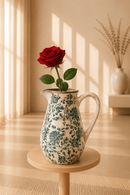 Keramische decoratiekan met bladerenmotief op een ronde houten staander.