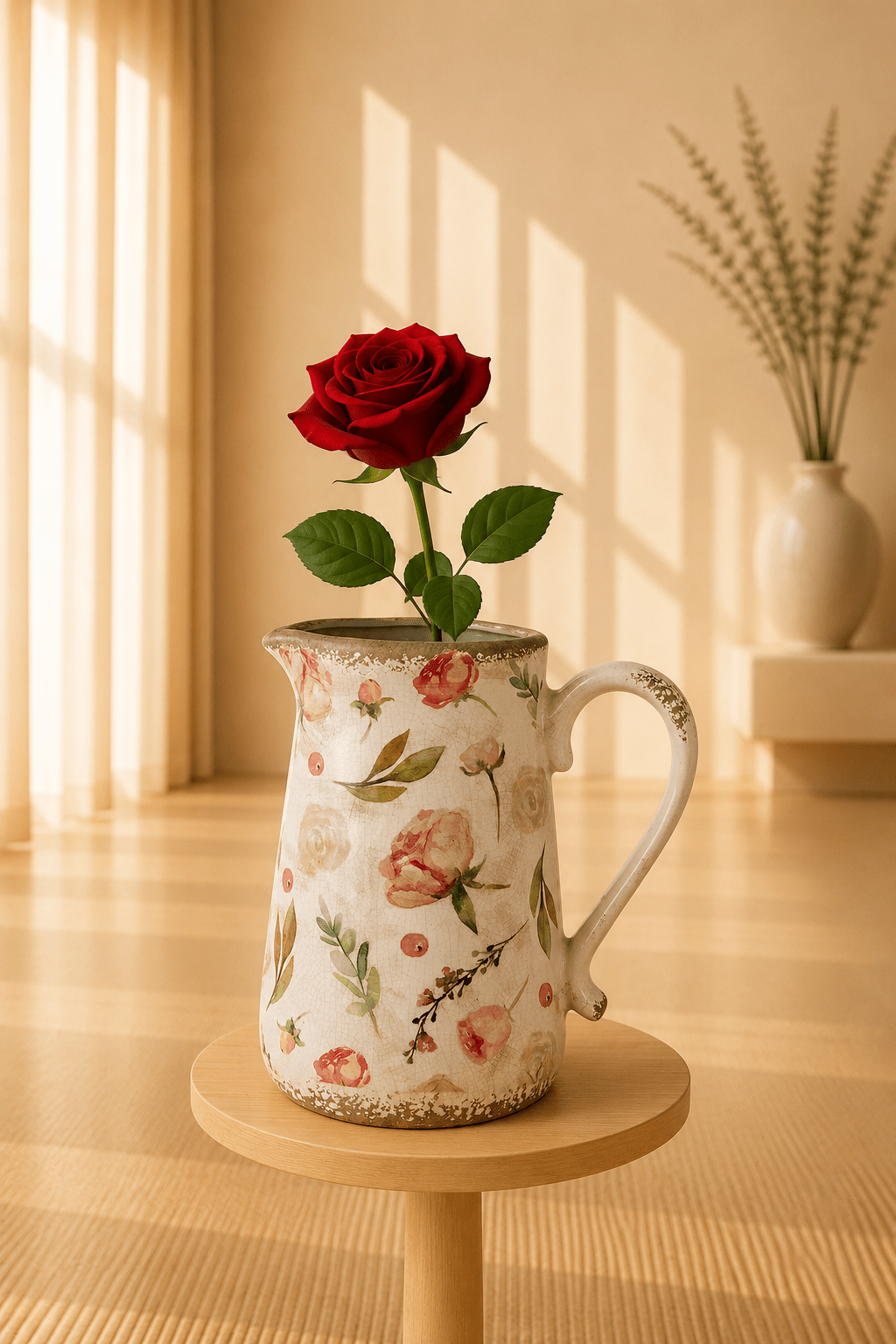 Keramische decoratiekan met bloemenmotief op een ronde houten staander.