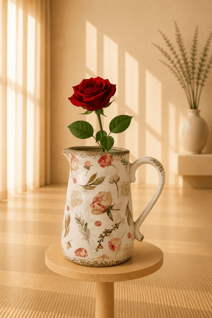 Keramische decoratiekan met bloemenmotief op een ronde houten staander.