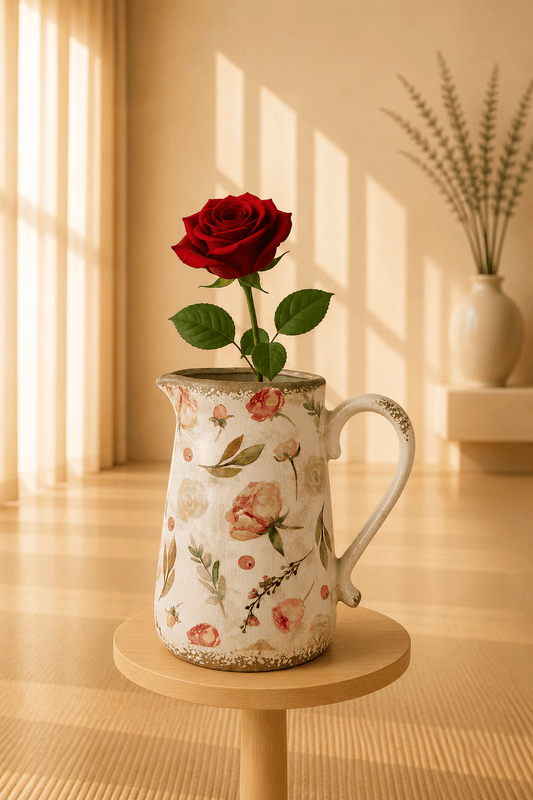 Keramische decoratiekan met bloemenmotief op een ronde houten staander.