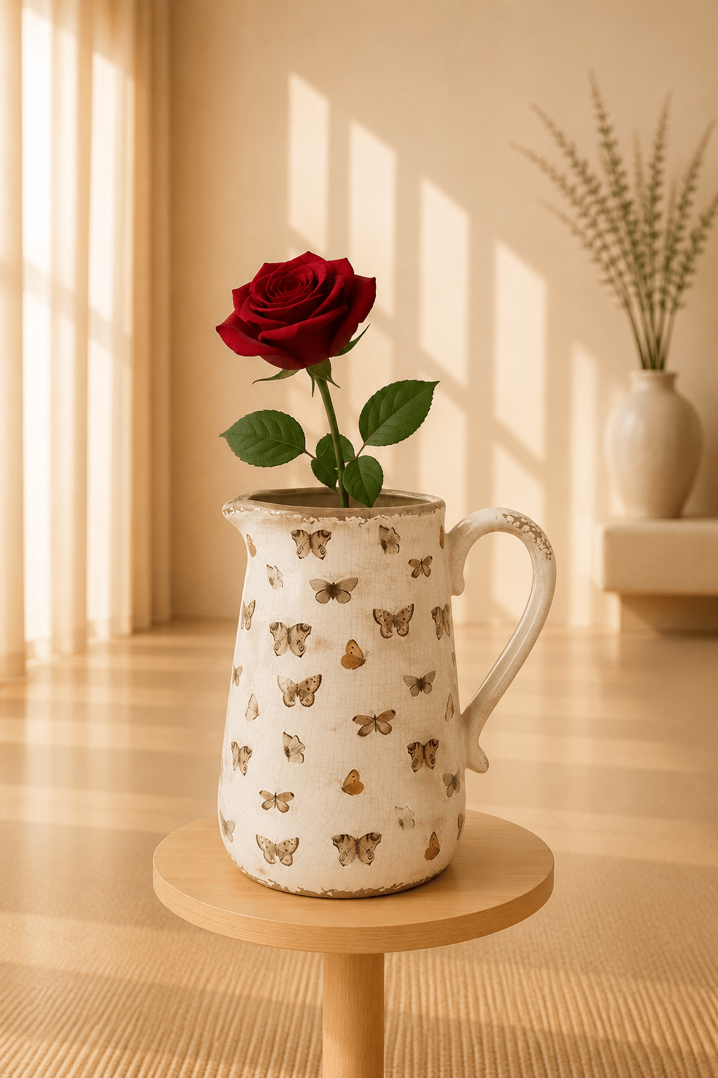 Keramische decoratiekan met vlindermotief op een houten staander.