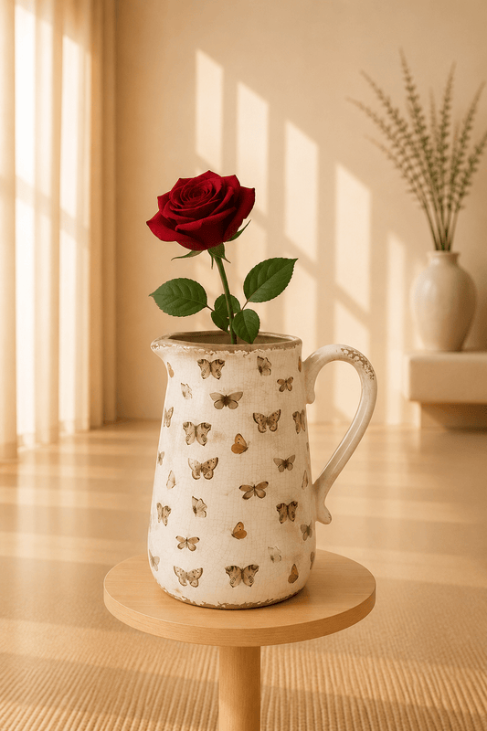 Keramische decoratiekan met vlindermotief op een houten staander.