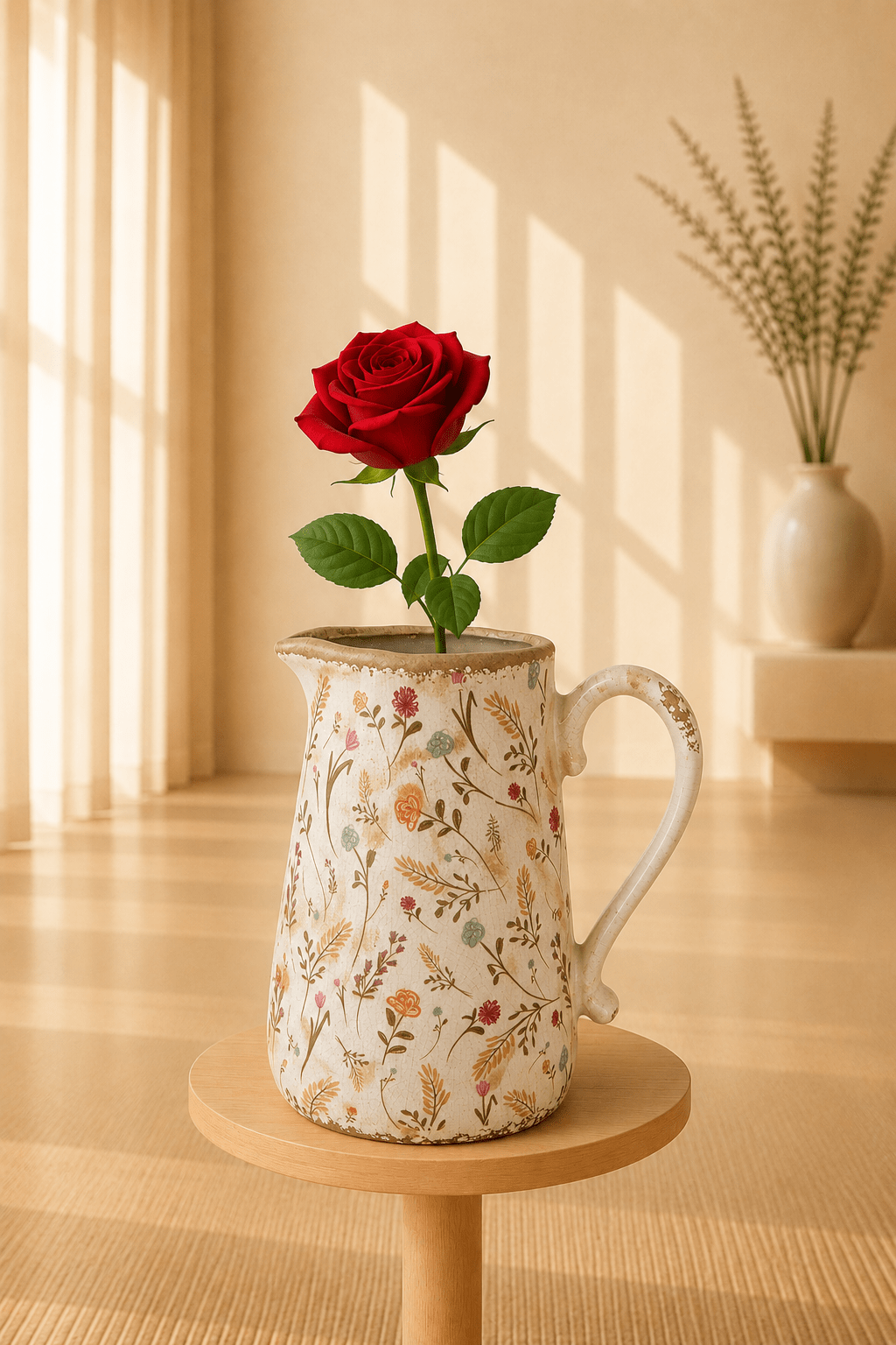 Keramische decoratiekan met botanisch bloemenmotief op een ronde houten staander.