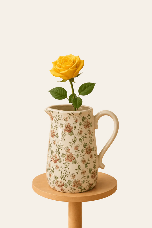 Keramische decoratiekan met brocante bloemenmotief met zichtbaar oor als productaanzicht.
