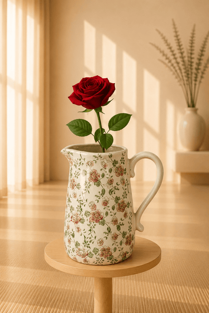 Keramische decoratiekan met brocante bloemenmotief op een houten staander.