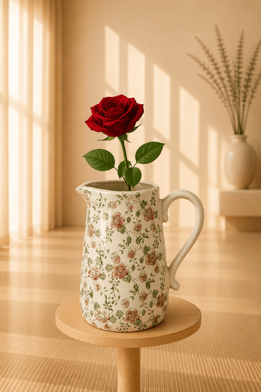 Keramische decoratiekan met brocante bloemenmotief op een houten staander.