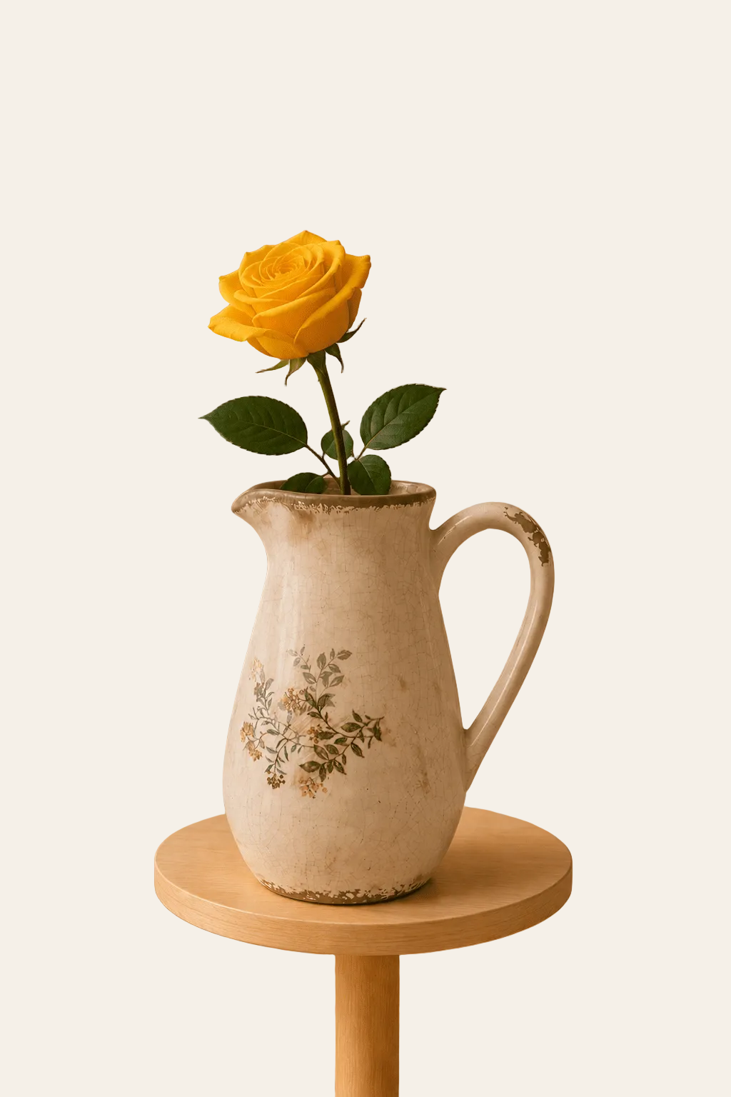 Keramische decoratiekan met geelkleurig bloemenmotief met zichtbaar oor als productaanzicht.