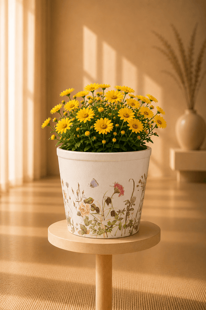 Keramiekbundel met bijpassende bloempotten en decoratiekan als groepsbeeld.