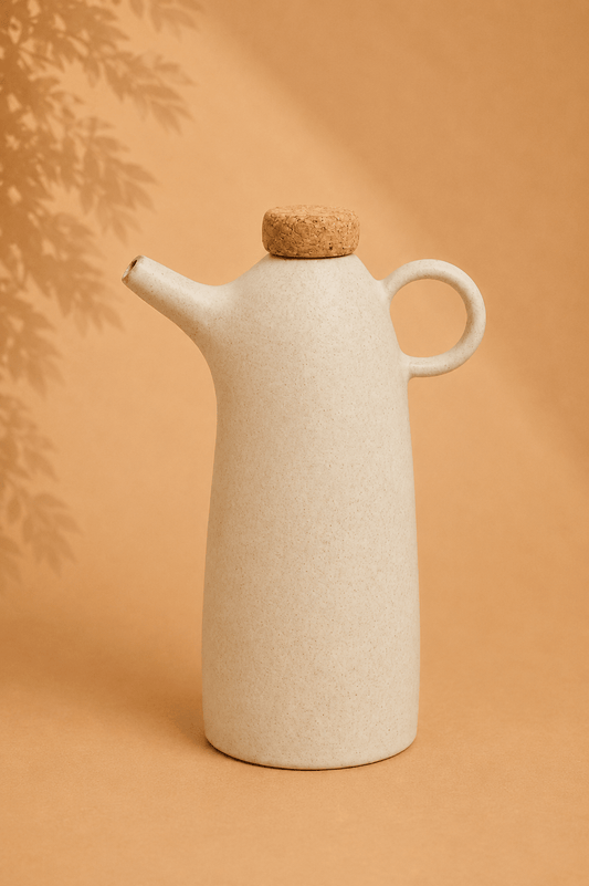 Keramische oliefles met kurk in gebroken wit op een beige gebladerde achtergrond
