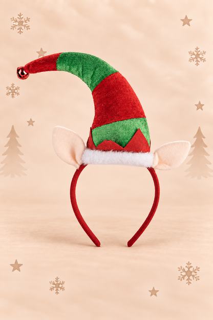 Rood-groene kersthoofdband met elfenmuts, zachte elfenoren, witte rand en decoratief belletje als feestelijk kerstaccessoire