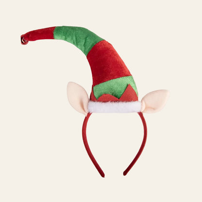 Rood-groene kersthoofdband met elfenmuts, zachte elfenoren, witte rand en decoratief belletje als feestelijk kerstaccessoire productfoto