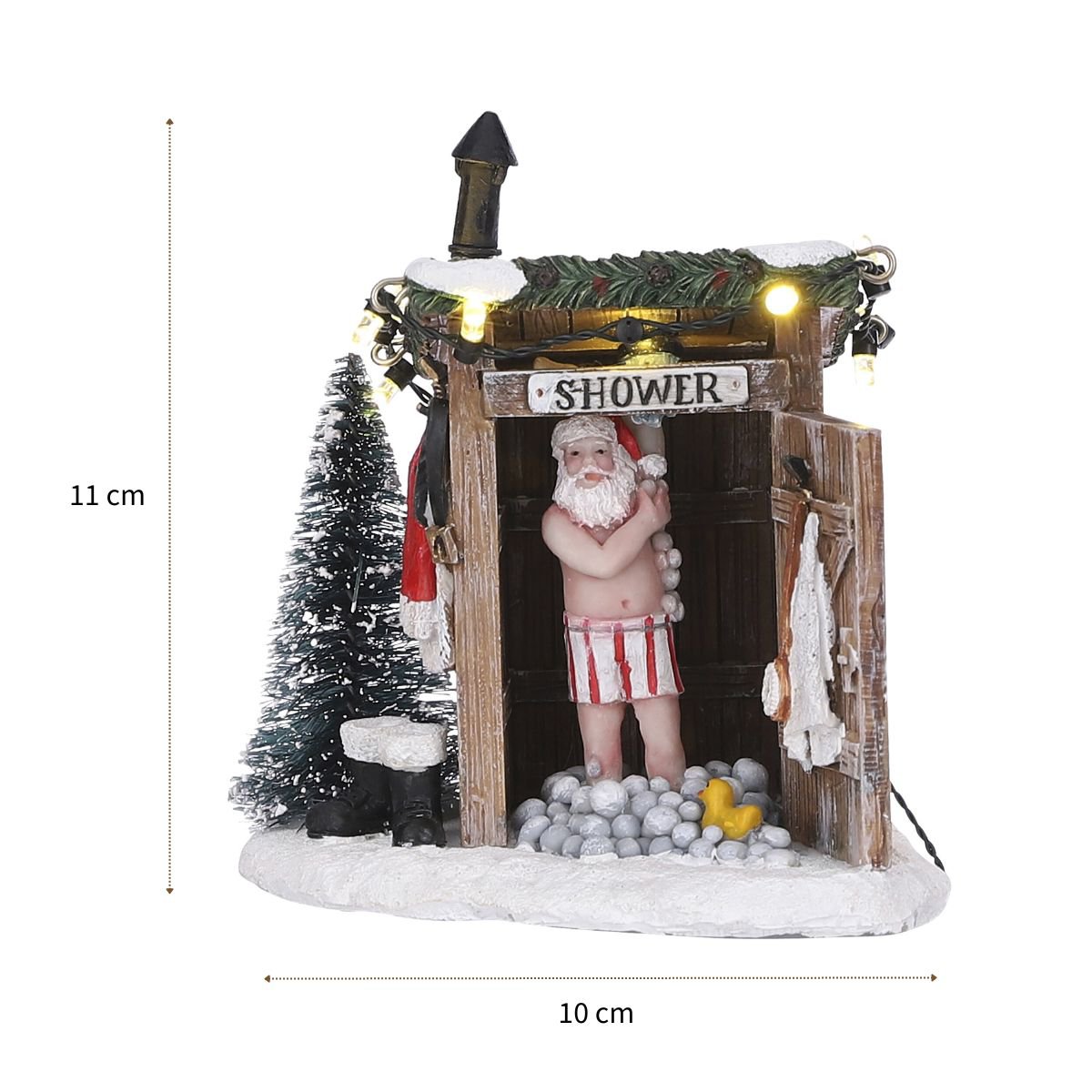 Kerstman in douchecabine met LED-verlichting en sneeuwdecoratie met afmeting 11x10cm als productfoto