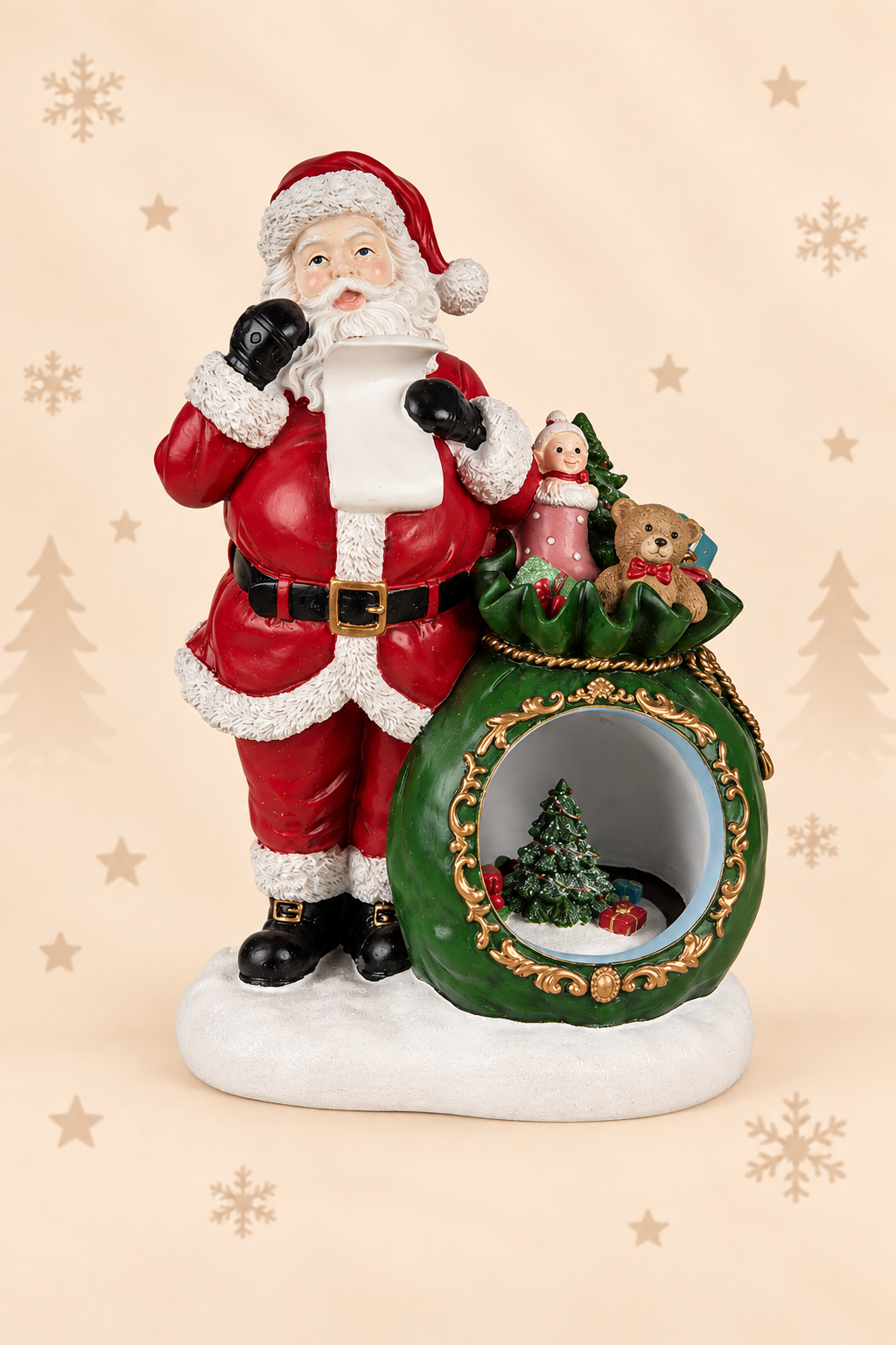 Kerstman met groene sneeuwbol, cadeautjes en kerstboom 26 x 16 x 36 cm met LED-verlichting uit