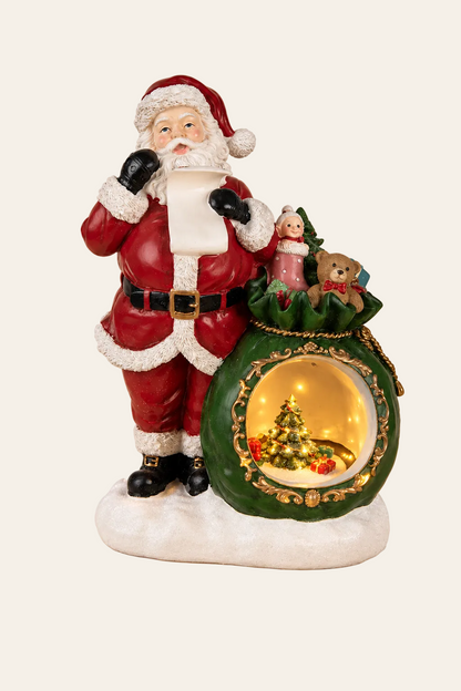 Kerstman met verlichte sneeuwbol, kerstboom en cadeautjes 26 x 16 x 36 cm met warm brandende LED-verlichting