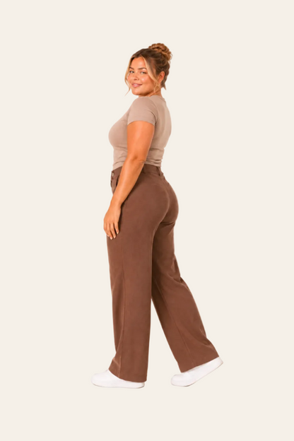 Elegant women's trousers with a high waist, wide legs, and side pockets