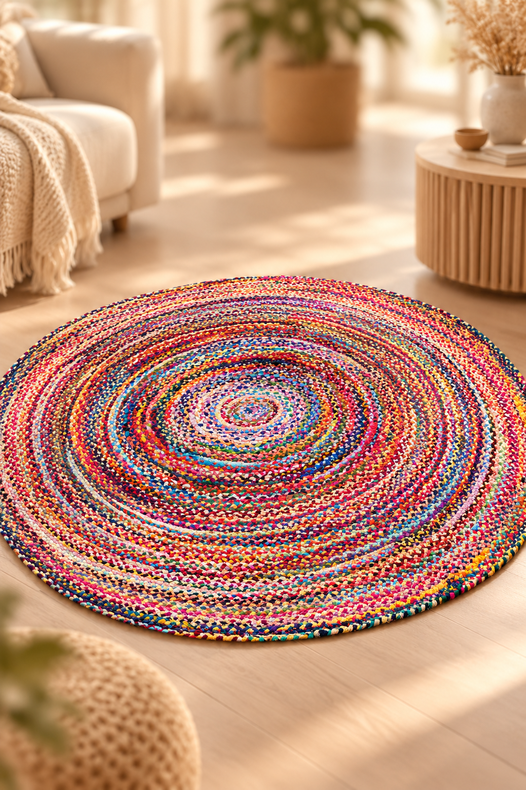 Handgemaakt rond vloerkleed in multicolor met kleurrijk gevlochten patroon, volledig zichtbaar in een lichte beige woonkamer met zacht vervaagde achtergrond.
