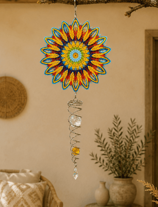 Kleurrijke mandala windspinner die aan een porcho hangt in de zon