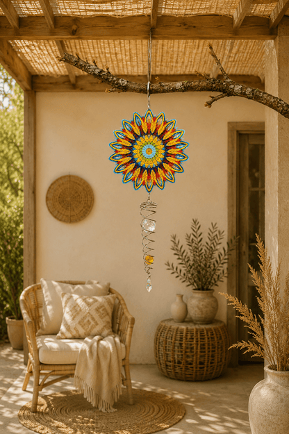 Kleurrijke mandala windspinner in bloemvorm die aan een tak hangt op een leuk terras