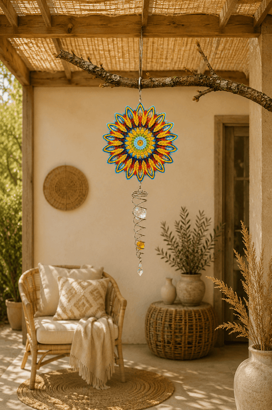 Kleurrijke mandala windspinner in bloemvorm die aan een tak hangt op een leuk terras