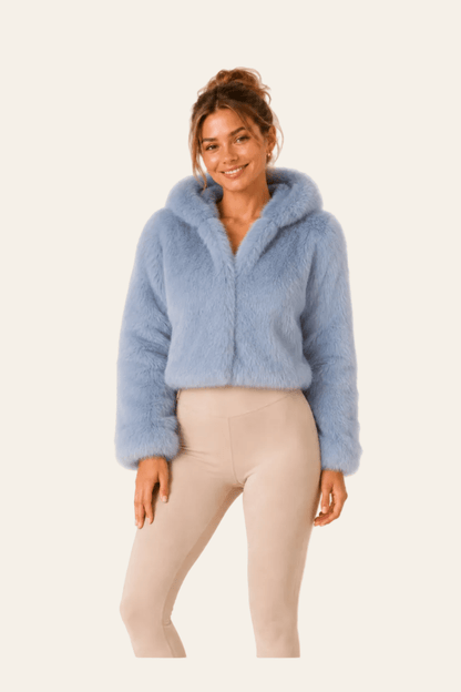 Korte damesjas in bontlook met capuchon en haaksluiting