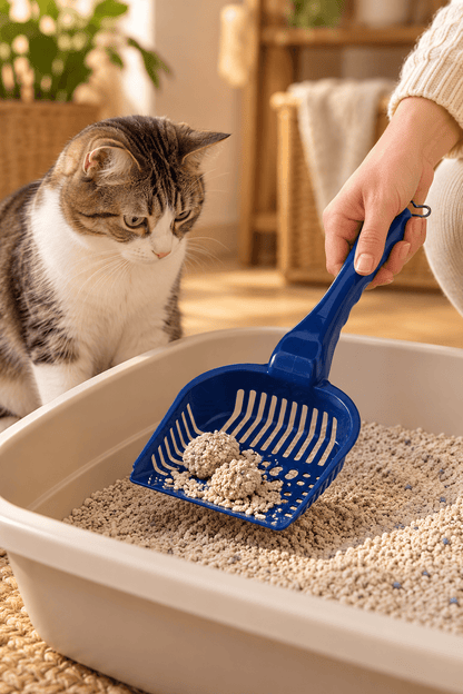 Kat bij de kattenbak terwijl een kunststof kattenbakschep gebruikt wordt