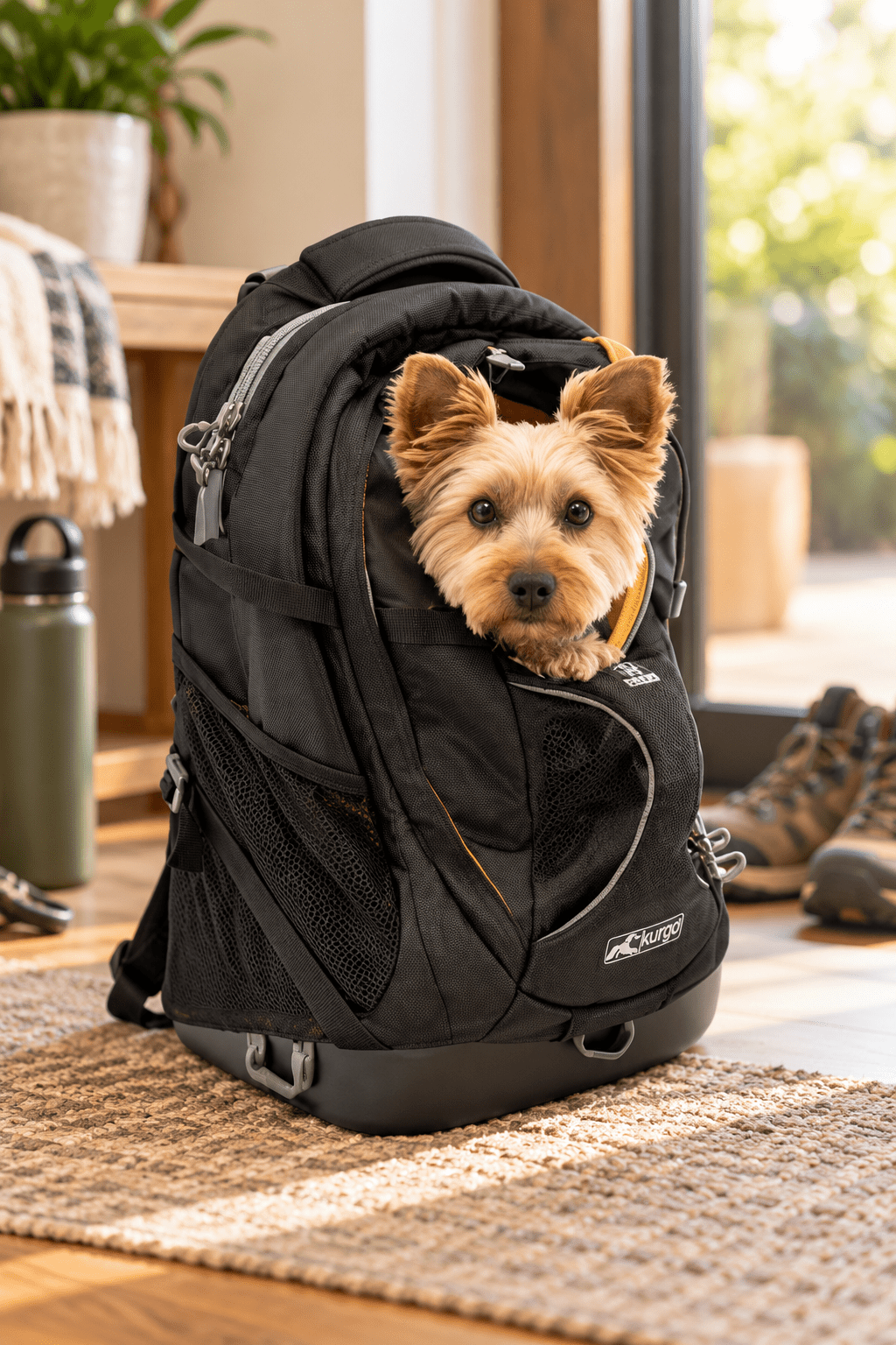 Kurgo G-Train zwarte hondenrugzak met kleine hond in het draagcompartiment, ventilerende gaaspanelen in een warm beige interieur.