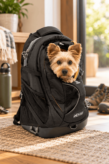 Kurgo G-Train zwarte hondenrugzak met kleine hond in het draagcompartiment, ventilerende gaaspanelen in een warm beige interieur.