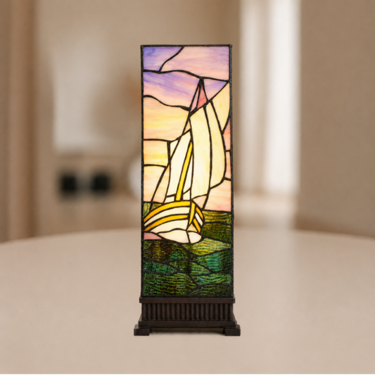 Tiffany Tafellamp 18x18x48 cm Beige Paars Glas Zeilboot Tiffany Bureaulamp