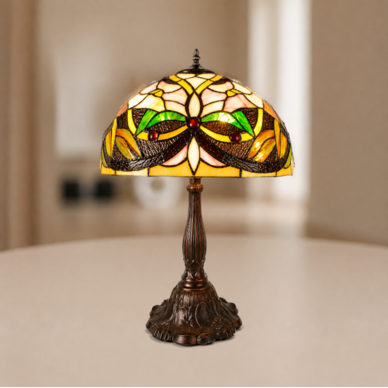 Tiffany Tafellamp Ø 41x58 cm Beige Groen Polyresin Bloemen Tiffany Bureaulamp
