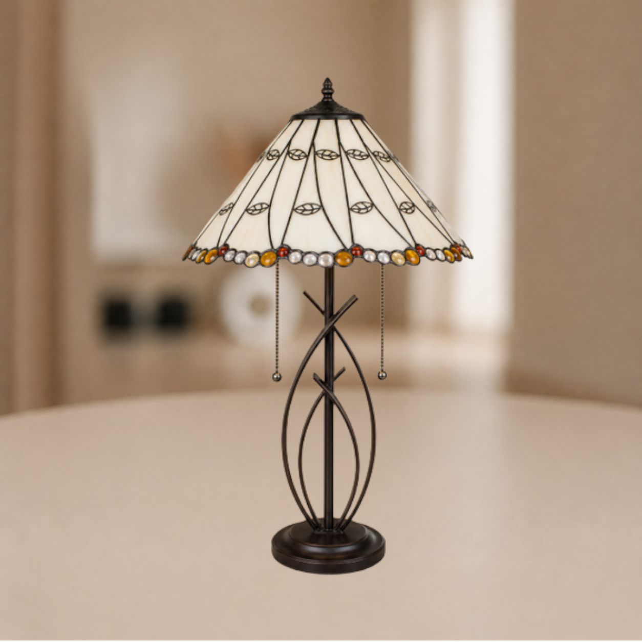 Tiffany Tafellamp Ø 41x68 cm Beige Glas Tiffany Bureaulamp