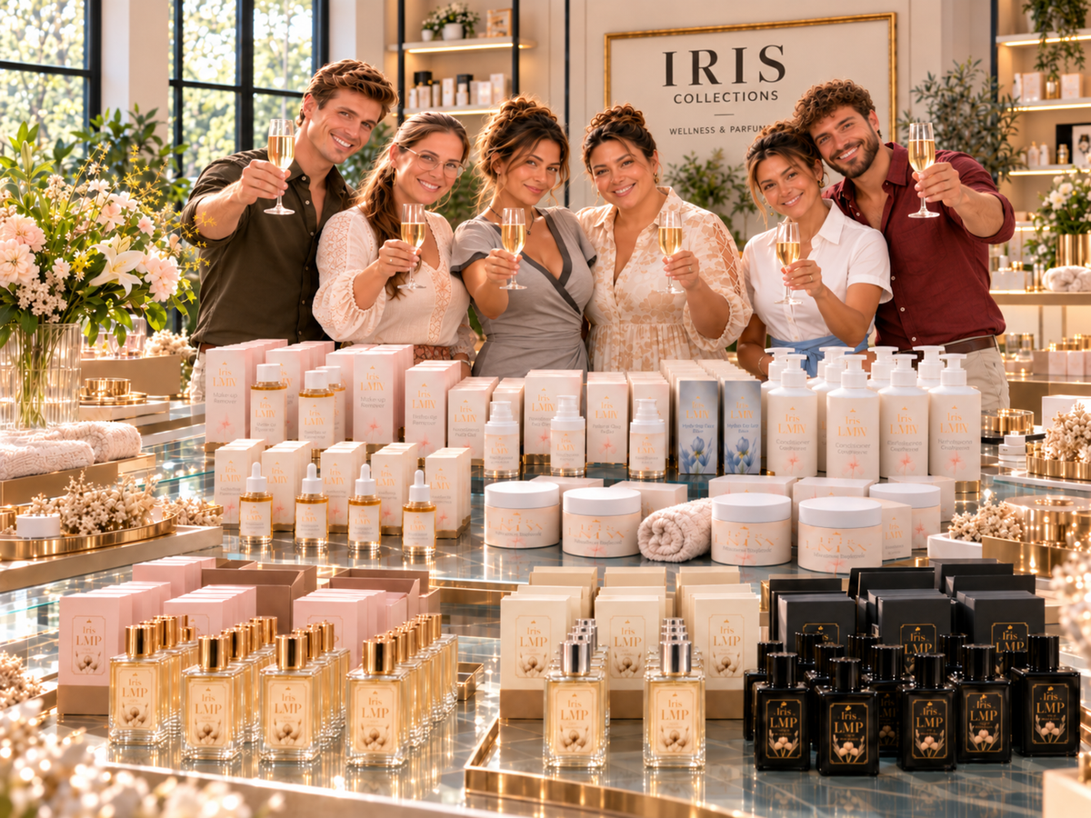 De zaakvoerster en modellen heffen een glas campagne richting camera, op de voorgrond staan de parfum en wellness producten.