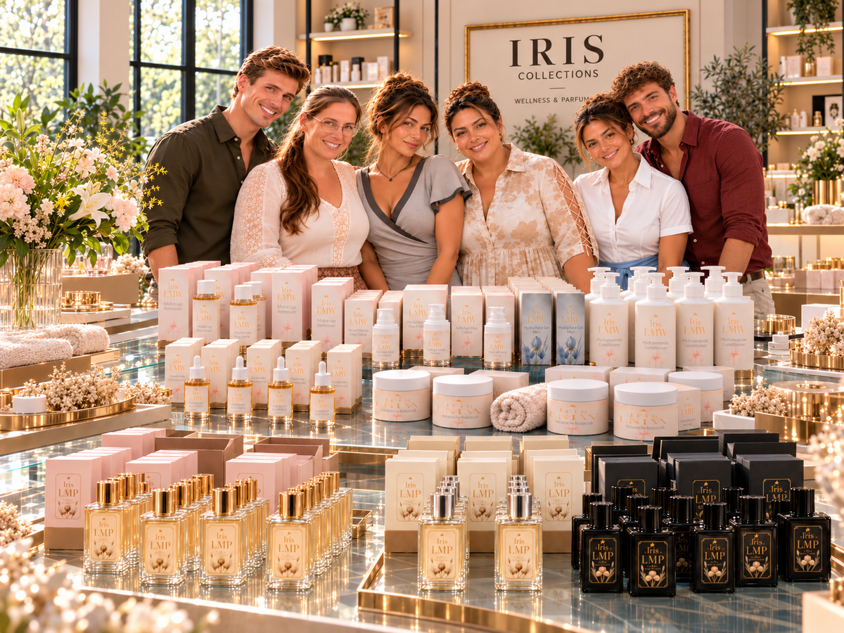 Een groepsfoto met op de voorgrond de wellness en parfum producten uitgestald op een glazen tafel.