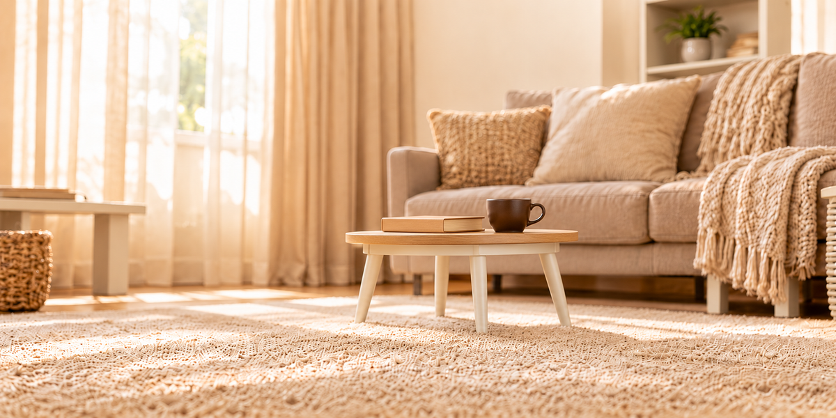 Gezellige woonkamer in moderne stijl, aangekleed in een beige thema met veel lichtinval met een kopje koffie en een boek op de salontafel.