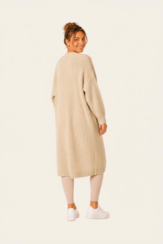 Long oversized women's cardigan with pockets and pattern on the sleeves