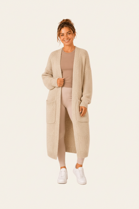 Long oversized women's cardigan with pockets and pattern on the sleeves