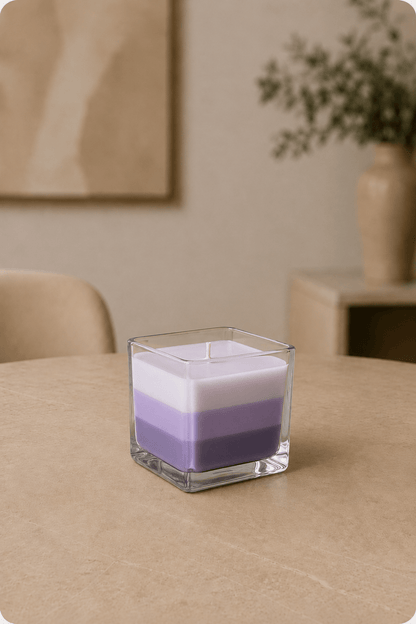 LMW Wellness-Care Regenboog potkaars in lavendelkleur 8 × 8 × 8 cm, productaanzicht