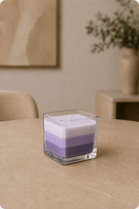Lavendel regenboog potkaars in glazen houder op lichtbeige tafel in de woonkamer met geblurd dieptezicht