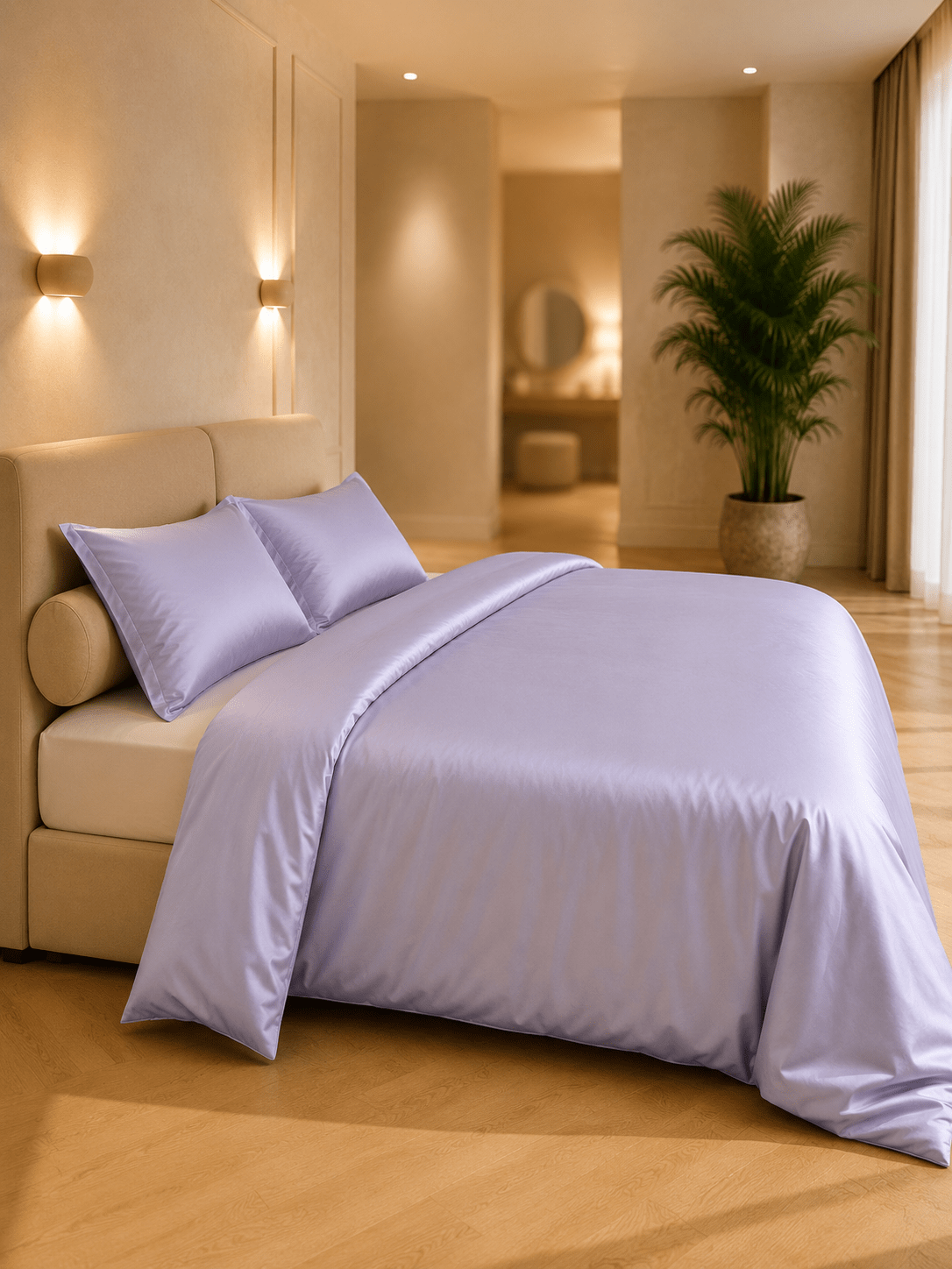 Lavendelblauw dekbedovertrek van TENCEL Lyocell in twillweving op een bed in een warme, minimalistische slaapkamer