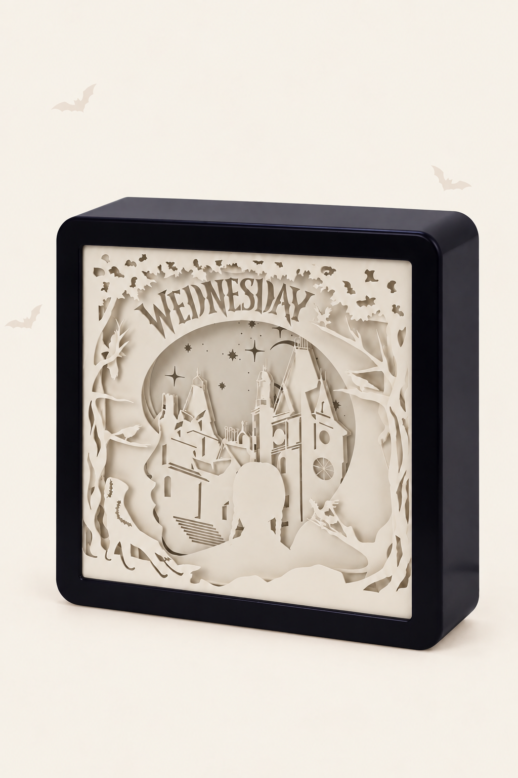 Led lichtbox wednesday addams met silhouet en maan met het licht uit