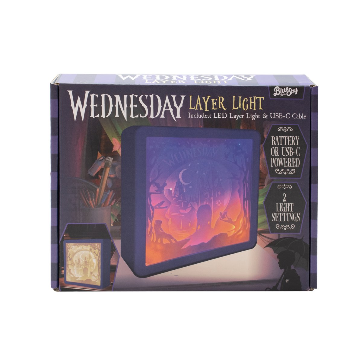 Led lichtbox wednesday addams met silhouet en maan in leveringsdoos
