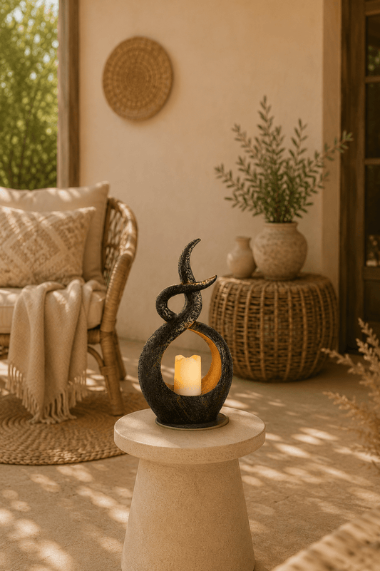Gebogen led solar sfeer kaarslamp in sculptuurvorm op een staander die een overdekt terras verlicht