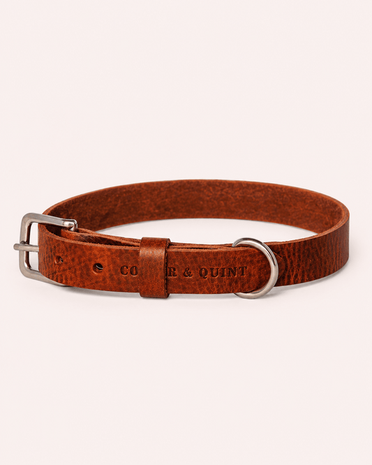 Leren handgemaakte bruine halsband  in hoogwaardige afwerking LMA Animal Store