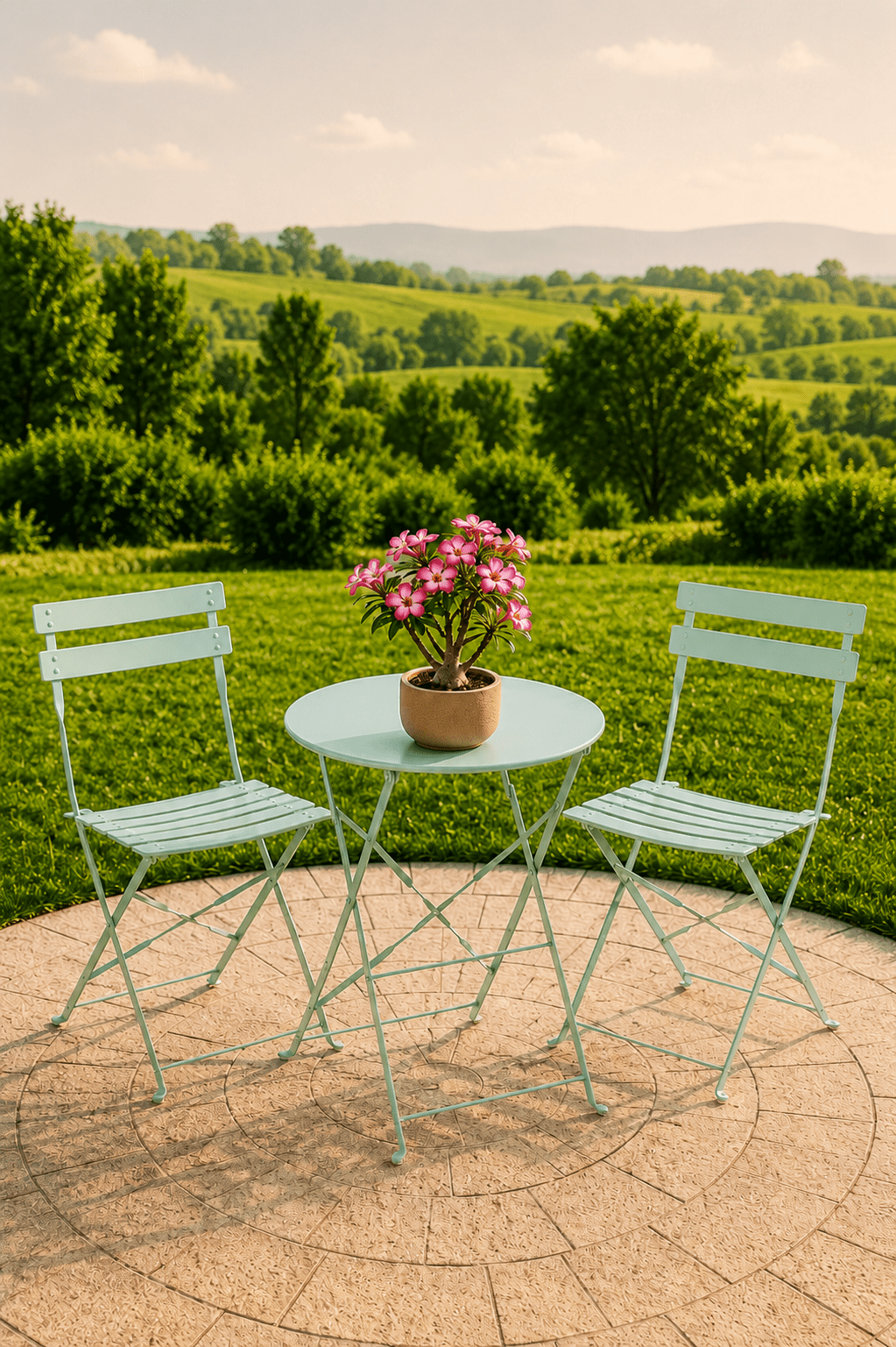 Lichtgroene metalen Laurence tuinbistroset met ronde tafel twee stoelen en roze bloemen op een terras met uitzicht over een groene tuin
