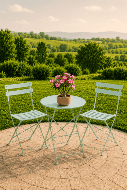 Lichtgroene metalen Laurence tuinbistroset met ronde tafel twee stoelen en roze bloemen op een terras met uitzicht over een groene tuin
