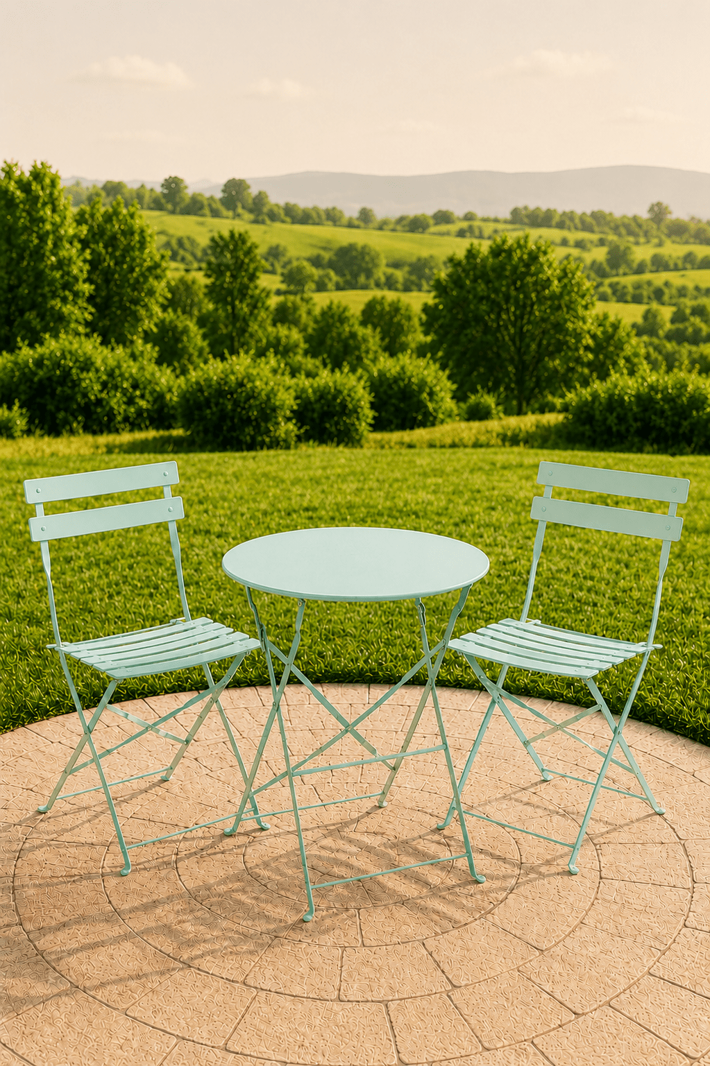 Lichtgroene metalen Laurence tuinbistroset met ronde tafel en twee stoelen op een betegeld terras met uitzicht over een groen landschap
