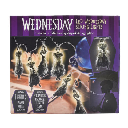 Lichtketting wednesday addams dance pose in zwart met info op de verpakkingsdoos zoals lengte van de lichtketting 1.65m en warm led lichtjes