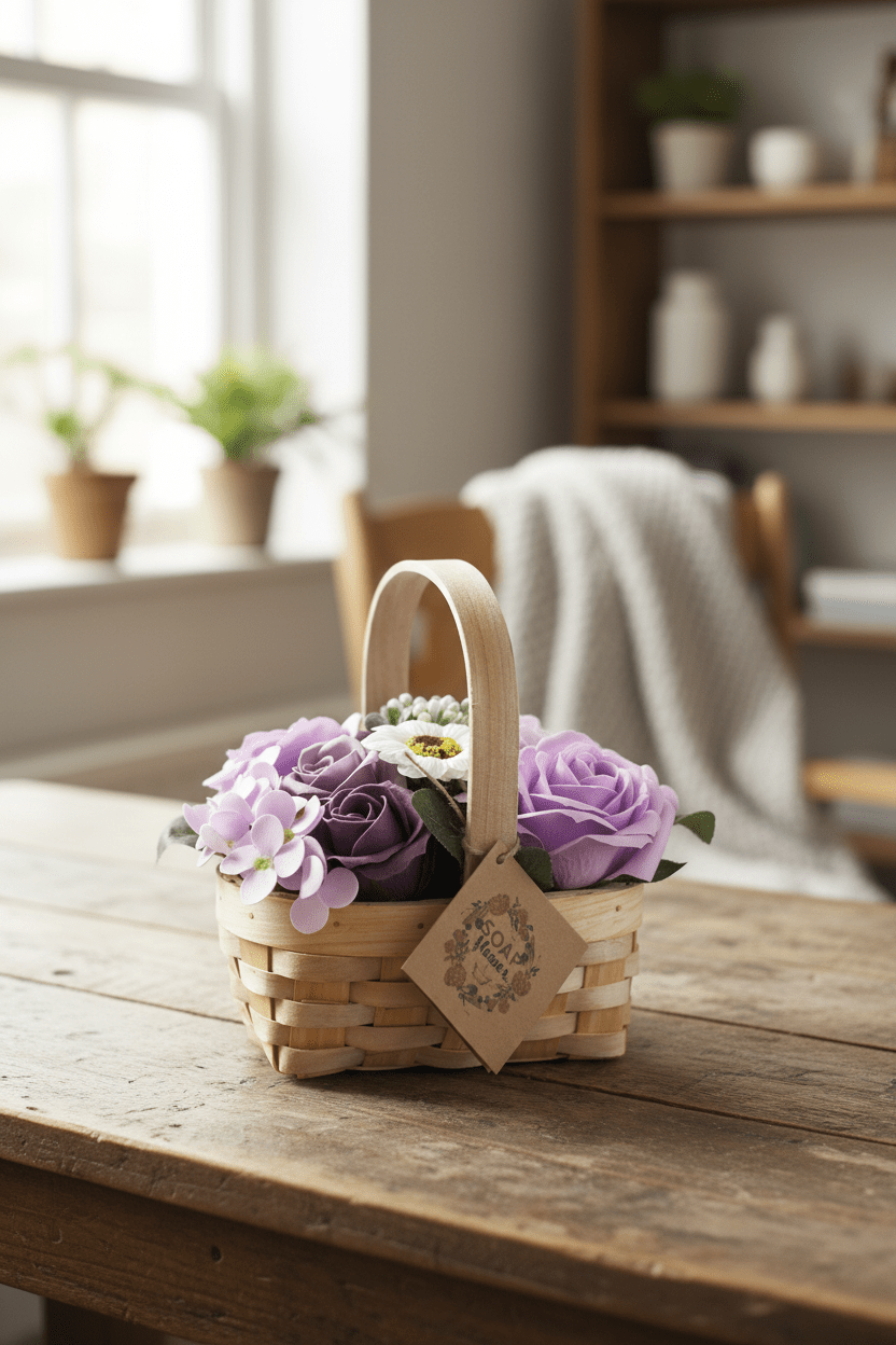 LMW Wellness-Care Lila zeepbloemenboeket in decoratieve rieten mand, productaanzicht