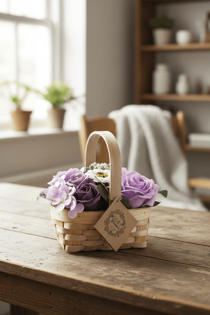 LMW Wellness-Care Lila zeepbloemenboeket in decoratieve rieten mand, productaanzicht